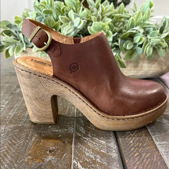 BORN Calypso Brown Leather Slingback Clogs Heels NIB Size 7 - Picture 5 of 12